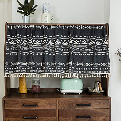 Michorinee Visillo Boho Bistro Visillo Geométrico Cortina Corto Opaco Negro Cortinas para Cocina Baño Café Armario Ancho 68 × Alto 45 cm Algodón y Lino con Borla