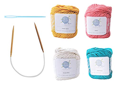 Mindfulknits Kit de tejer para principiantes con agujas de tejer, agujas de hilo e hilo de tejer 100% algodón (4) - para relajación y alivio del estrés ... (Tropical)