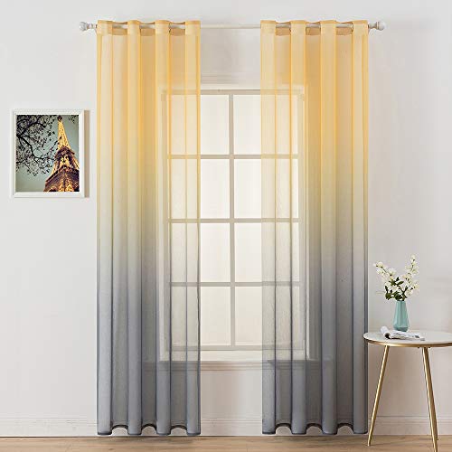 MIULEE 2 Hojas Cortinas Degradado Semitranslúcida Poliéster Visillo Suave para Ventanas Gasa Moderna con 8 Anillas para Dormitorio Hogar Habitación Balcon Salón 140x245cm Amarillo Gris