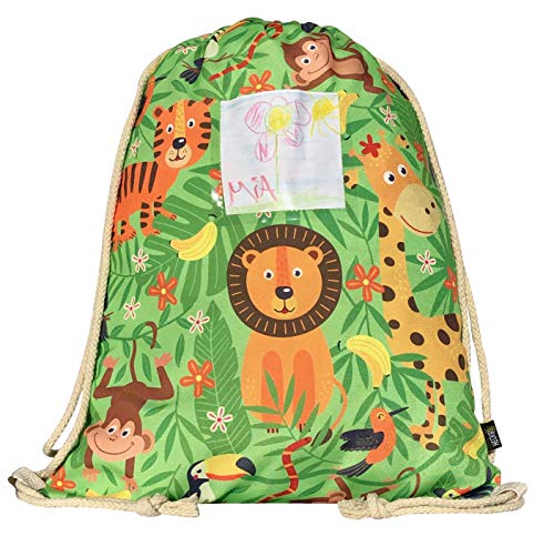 Mochila HECKBO® para niñas y niños con Dibujos de la Jungla, Incluye una Solapa para Meter Fotos y Dibujos - Selva - se Puede Lavar a máquina - 40 x 32 cm - Apta para el jardín de Infancia