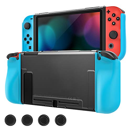 MoKo Funda Protectora Compatible con Nintendo Switch y Mando Joy, Estuche de Decoración Anti-caída/Rasguños, Caja Protectora Completa TPU Resistente con 4 Tapas de Joystick - Claro + Azul