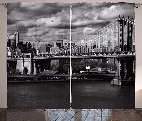 MZCYL Cortina Opaca Cortinas de Salón Semi Opacas Térmicas Aislantes Ojales Cortina Cortinas Poliéster140x183cm Panorama en blanco y negro del puente de Manhattan con cortinas de Nueva York, horizonte
