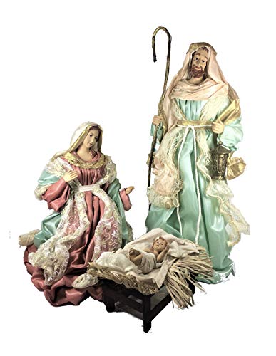 Nacimiento Grande de Resina y Tela. Lujo. Compuesto por 3 Piezas. San José Mide 76 cms. de Altura, la Virgen Mide 50 cms, el niño Jesús Mide 17 cms. (Salmón y Verde Manzana)