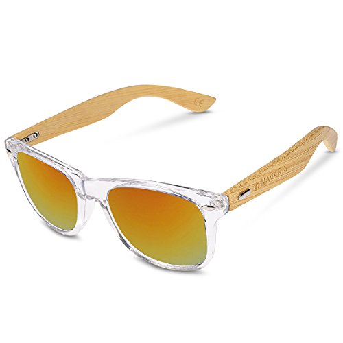 Navaris Gafas de sol UV400 - Gafas de madera para hombre y mujer - Gafas de sol con patillas de madera - Transparente y rojo
