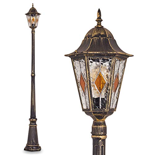 Nexos Trading Antibes - Lámpara de pie para exteriores (aluminio fundido, con cristales de cristal transparente, 210 cm, casquillo E27, máx. 60 W), diseño retro, color marrón y dorado