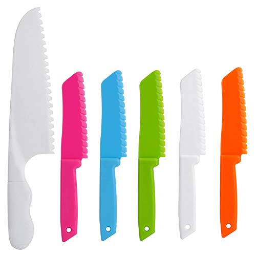 ONUPGO - Juego de cuchillos de cocina (6 piezas, plástico, con bordes de corte serrados, cuchillos de nailon para niños y niños para frutas, pan, tartas, lechugas y ensalada)