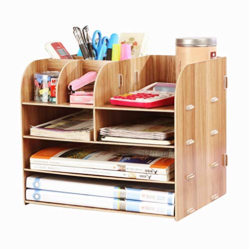 Organizador de escritorio de madera 4 compartimentos, estante con cajones. para guardar libros, periódicos, revistas, bolígrafos, lápices y hojas de papel A4. , color rojo