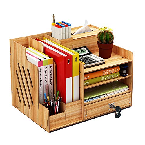 Organizador de escritorio de madera, gran capacidad para bricolaje, suministros de oficina, almacenamiento de archivos, revistas, documentos, organizador con cajón, caja de soporte para bolígrafos