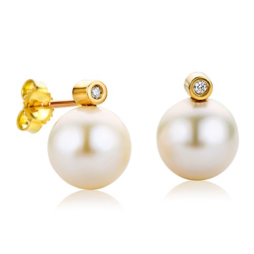 Orovi pendientes de mujer presión Perlas blancas de aguadulce 0.02 Quilates diamantes en oro amarillo 18 kilates ley 750