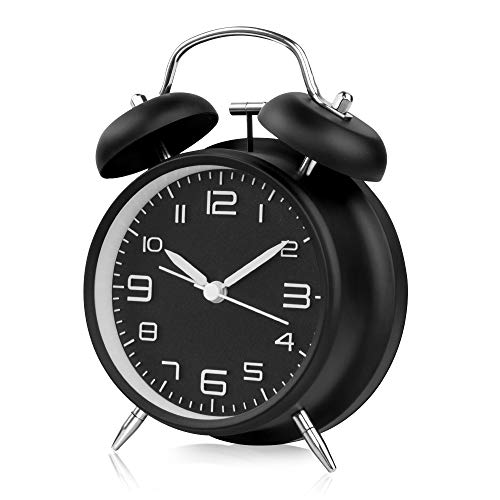 otumixx Reloj Despertador de Doble Campana, 4 Pulgadas Analógico Despertador de Cuarzo Silencioso Sin Tictac, Vintage Despertador con Luz de Noche, Negro