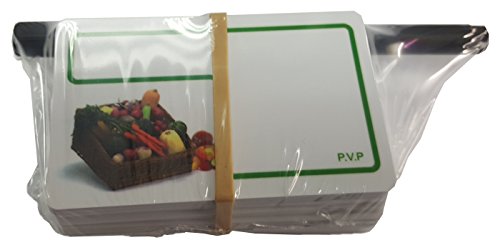 Pack 48 Tarjetas PVC Porta Precios para Frutas Y Verduras + Rotulador Negro de Regalo - Reutilizables y Higienicas - cumplen con la normativa de compatibilidad alimentaria TÜV, ISO CR80