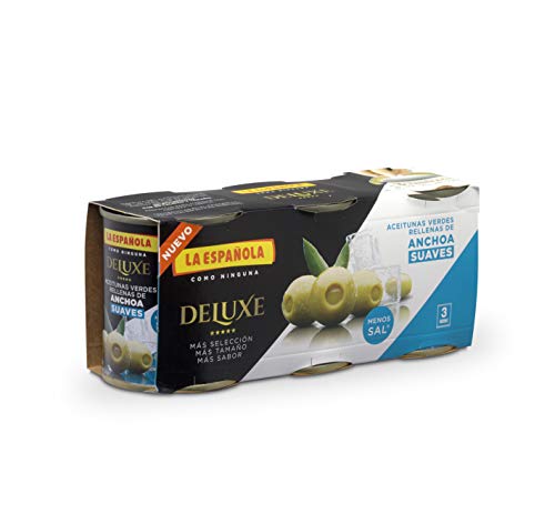 Pack 8 uds Aceituna Rellena de Anchoa Deluxe Suave 3x50 gr (Rellena de Anchoa Baja en Sal) Pack 8 uds Aceituna Rellena de Anchoa Deluxe Suave 3x50 gr (Rellena de Anchoa Baja en Sal)