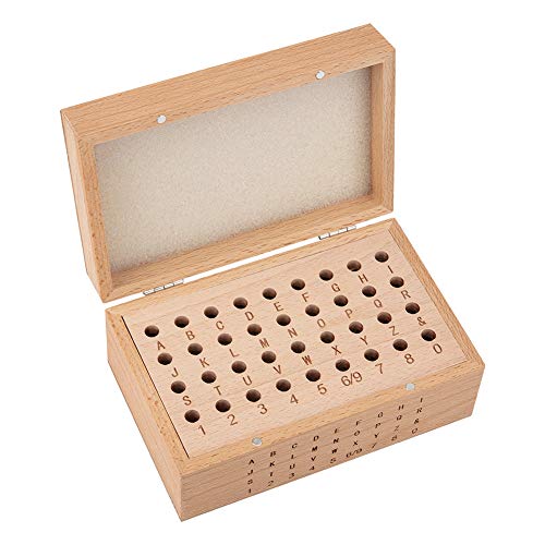 PandaHall Caja de almacenamiento de madera con 36 agujeros, alfabeto de la A a la Z, número 0 a 8 y símbolo y soporte organizador para sellos de joyería de metal