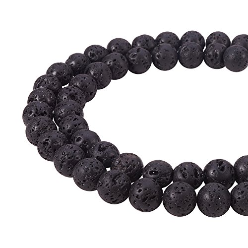 PandaHall Elite – aproximadamente 50 unidades de hilo de 8 mm de perlas de lava natural, perlas redondas de piedra de lava para pulsera collar DIY joyas, color negro, agujero: 1 mm, 15 pulgadas