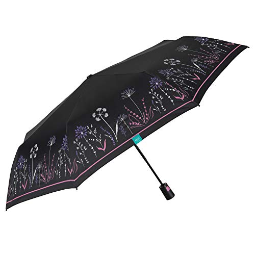 Paraguas Plegable Automático Colorado Mujer - Paraguas Portátil Colores en Microfibra - Paraguas Tamaño Pequeño de Viaje Cortaviento Resistente - Diámetro 96 cm - Perletti (Negro con Flores)