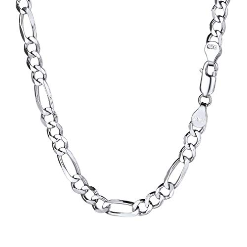 PROSILVER Collar de Plata de Ley Cadena Figaro Plateado de 2.9mm Ancho y 51cm de Longitud Regalo para Hombre