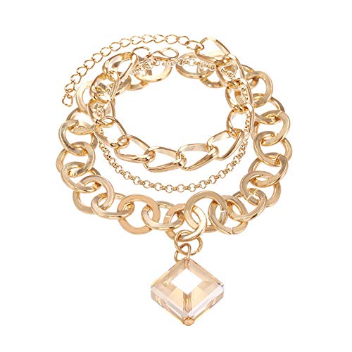 Pulsera de cadena multicapa con colgante de cristal de diamante para mujer, estilo sencillo y moderno