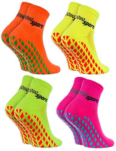 Rainbow Socks - Hombre Mujer Calcetines Antideslizantes de Deporte - 4 Pares - Naranja Verde Amarillo Rosa - Talla 44-46