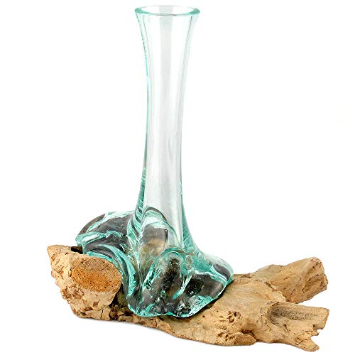 Raíz con jarrón de cristal sobre raíz de madera, decoración de madera (altura total aprox. 25 – 30 cm)