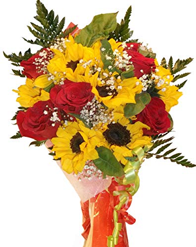 Ramo de flores naturales a domicilio de rosas y girasoles con envio y nota dedicatoria incluido en el precio