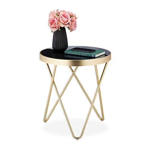 Relaxdays Mesa Auxiliar Redonda Decorativa, Mesita sofá Retro Brillante, Metal y Cristal, 1 Ud, 46x42 cm, Dorado, Negro/Doado, 46 x 42 cm Relaxdays Mesa Auxiliar Redonda Decorativa, Mesita sofá Retro Brillante, Metal y Cristal, 1 Ud, 46x42 cm, Dorado, Negro/Doado, 46 x 42 cm