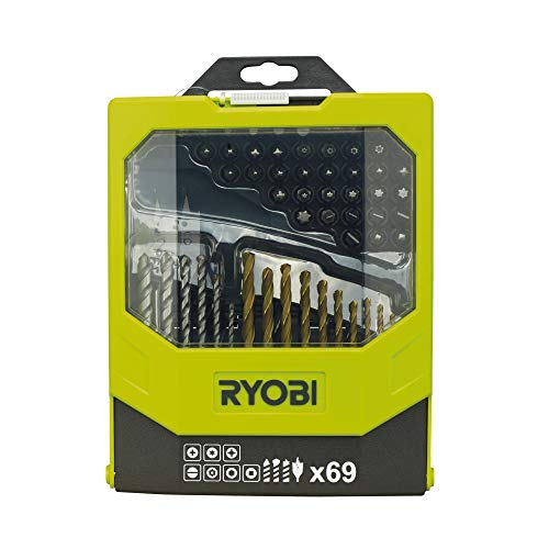 Ryobi RAK69MIX - Juego de brocas para taladro y puntas para destornillador (69 piezas, incluye caja plegable)