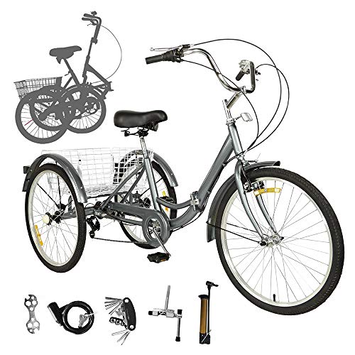 Sehrgo ZEHNHASE Triciclo para Adultos con cestas, 20 Pulgadas 7 Marchas, Bicicleta de Triciclo Plegable con Marco de aleación - Gris Plateado (20 Pulgadas)