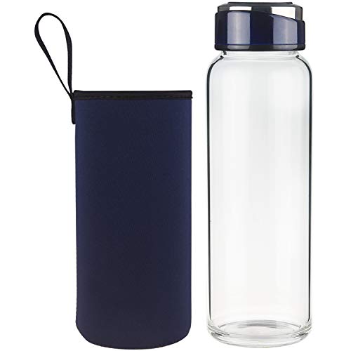 SHBRIFA Botella de Agua de Vidrio de Borosilicato 1000ml / 1500ml, Botella de Agua de Cristal con Funda de Neopreno y Tapa de Acero Inoxidable a Prueba de Fugas(1000ml Azul Real)