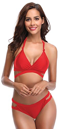 SHEKINI Conjunto Bikini Bikini para Mujer Conjunto Bikini Top Bikini Top y Bikini brasileño Parte Inferior Split Traje de baño de Dos Piezas (M, Rojo)