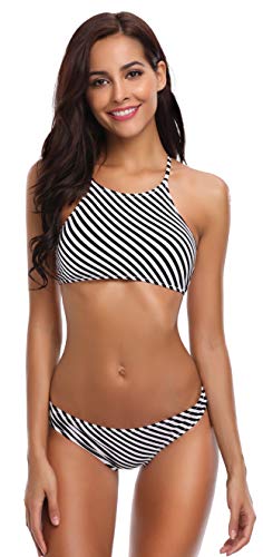 SHEKINI Mujeres Trajes de Baño Cuello Alto Impresión Stripe String Bikini Traje de Baño de Dos Piezas (Large, Franja Negro-Blanca)