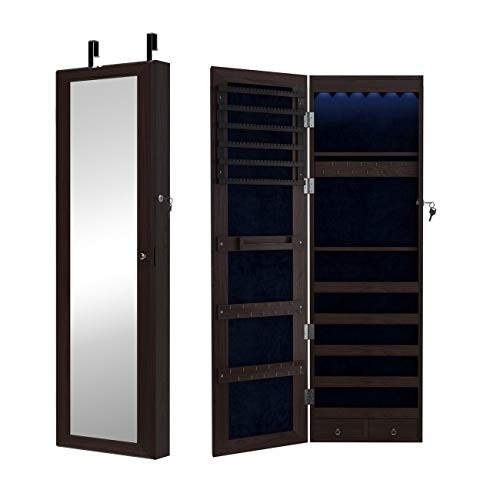 sogesfurniture Espejo Joyero, Armario para Joyas, Montura para Puerta Joyero Pared Espejo con Gabinete con Luces LED, Lacado Blanco y Terciopelo Negro Interior, Marrón BHEU-QH-7025-BW