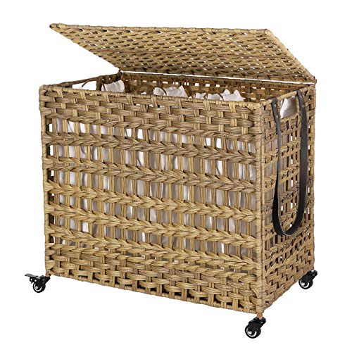 SONGMICS Cesta de Lavandería Tejida a Mano, Cesta de Lavandería, Estilo Ratán con 3 Compartimentos Separados, Tapa, Asas, Bolsas Extraíbles, para Sala de Estar, Baño, Lavandería, Natural LCB083N01 SONGMICS Cesta de Lavandería Tejida a Mano, Cesta de Lavandería, Estilo Ratán con 3 Compartimentos Separados, Tapa, Asas, Bolsas Extraíbles, para Sala de Estar, Baño, Lavandería, Natural LCB083N01