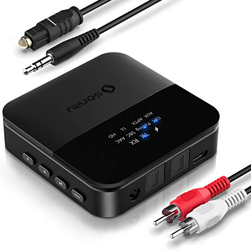 SONRU Transmisor Receptor Bluetooth 5.0, 2 en 1 Adaptador Bluetooth de Audio, aptX HD/aptX LL Baja Latencia, Tiempo Reproducción de 24 Horas, Toslink/RCA/AUX Cable, para TV/Sistema Estéreo