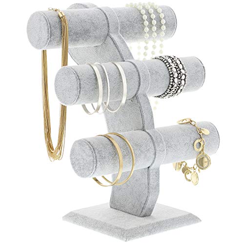 Soporte de Terciopelo para Joyería, con barras en forma de T - Organizador de joyería de 3 niveles - Gris, 30,5 cm x 24,1 cm x 14 cm