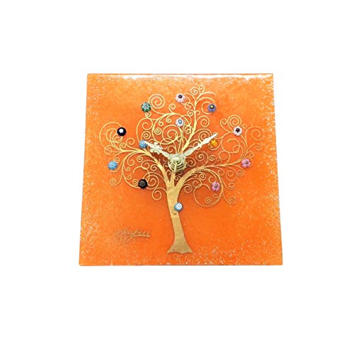 Sospir Venezia - Reloj de mesa cuadrado de cristal de Murano con árbol de la vida, 9 x 9 cmtécnica de vitrofusión, decoración de paredes y hojas doradas, hecho a mano por artesanos venecianos(naranja)
