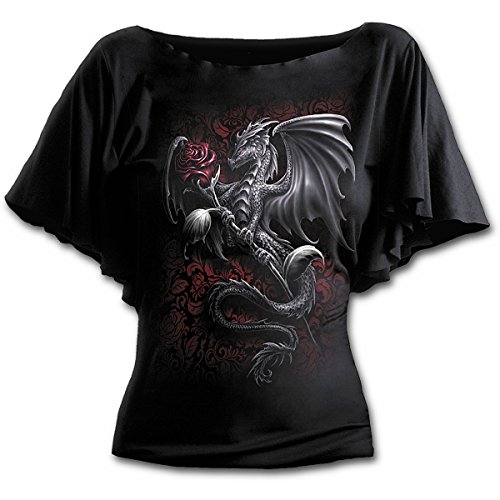 Spiral Direct Dragon Rose-Boat Neck Bat Sleeve Top Camiseta, Negro (Black 001), 40 (Talla del Fabricante: Medium) para Mujer