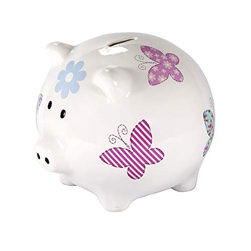 SPOTTED DOG GIFT COMPANY Huchas Grandes Originales, Hucha de Cerámica Cerdito Blanca Muy Grande con Diseño de Mariposa para Niños Adultos y Regalo de Adolescente Niñas con Caja