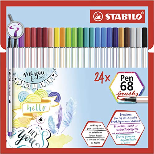 STABILO Pen 68 brush - Rotulador punta de pincel, Estuche de cartón con 24 colores
