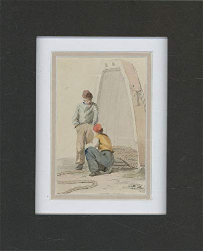 Sulis Fine Art Acuarela enmarcada de mediados del siglo XIX - Los dos pescadores