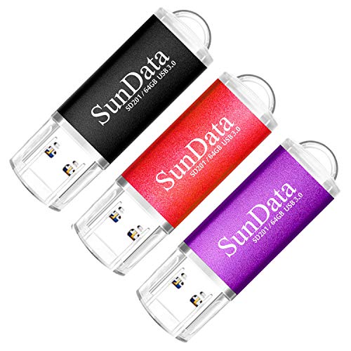 SunData Memorias USB 64GB 3 Piezas Pen Drive USB 3.0 Flash Drive Diseño Mini Almacenamiento de Datos hasta 90MB/s, (3 Colores Mezclados: Negro, Rojo, Púrpura)
