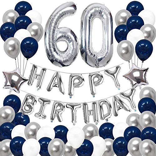 SUNPAT Decoraciones de 60 Cumpleaños, Feliz Cumpleaños Banner Kit Número 60 Set de Decoraciones de Fiesta Con Globos de Ppapel de Aluminio Azul y Astilla Para Hombres