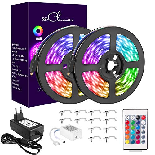 SZCLIMAX 10M 5050 RGB Kit de Tiras LED, Tira de Luz LED Flexible Multicolor con Control Remoto de 24 Teclas, Adaptador de Alimentación 12V, Luces LED Decoración para el Hogar,Navidad,Fiestas