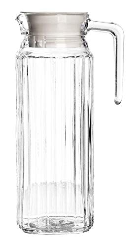 Takestop® - Jarra de 1 litro con tapones multicolor, realizada en cristal transparente, con mango, de 12 x 8 x 24 cm para agua, vino, zumo, bebidas, color aleatorio