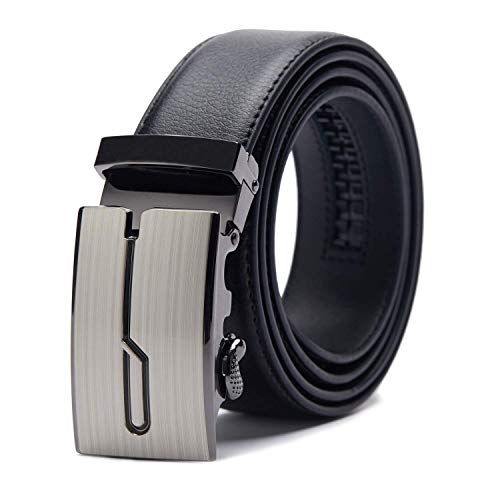 TANGCHAO Cinturón Hombre Cuero, Cinturon con Hebilla Automática Cinturones de Trinquete 35mm de Ancho Negro 1-HEI-ZD 145CM