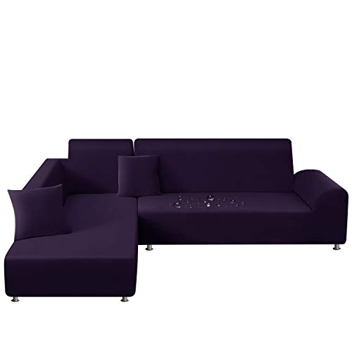 TAOCOCO Fundas de sofá elásticas resistentes al agua para sofá en forma de L, juego de 2 unidades con 2 fundas de almohada (3 plazas + 3 plazas), color morado