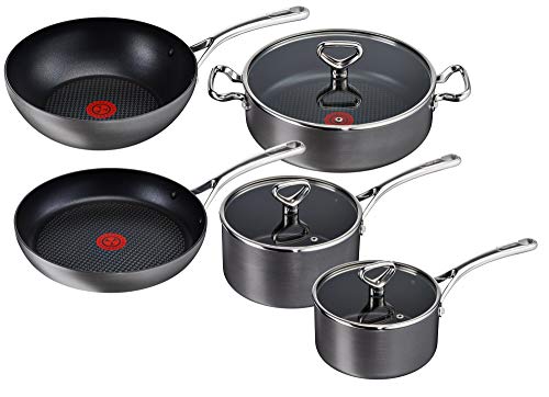 Tefal Reserve juego de 5 piezas, Sartén 26cm, Cazo 18-20cm, Wok 28 cm, sartén baja de 28 cm + tapa 18/20/28 cm, apta para gas, vitrocerámica, eléctricas e inducción, apto para horno