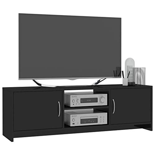 Tidyard Mueble de TV Mueble TV Salón Mesa Televisión de aglomerado Negro Brillante 120x30x37,5 cm,con 2 estantes y 2 Puertas