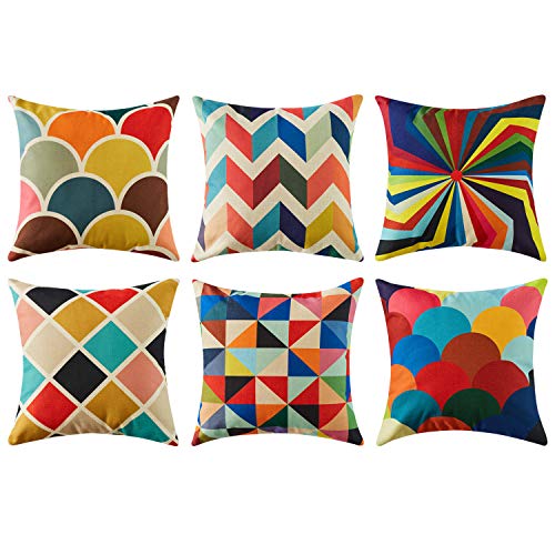 Topfinel Colorido geométrico algodón Lino Fundas de cojín para sofá Almohadas Home Decorativo Juego de 6, 45x45cm,Serie