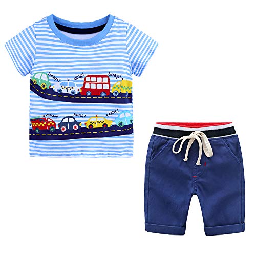 Trajes de 2 Piezas para Bebés y Niños Material de Algodón Puro Estampado de Automóviles + Pantalones Cortos Rayas de algodón Trajes de Verano Ropa de Verano para Bebés （Azul-1，5-6 años）