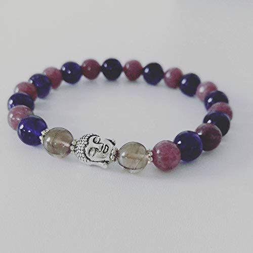 Turmalina rosa natural, amatista y cuarzo ahumado 8 mm Pulsera elástica de forma redonda con cuentas lisas de 7 pulgadas para unisex. Pulsera elástica ajustable para regalo, curación, prosperidad.